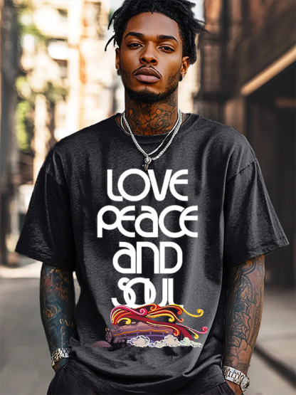 Men's Love Peace And Soul Train Print Cotton Casual T-Shirt-Styleame