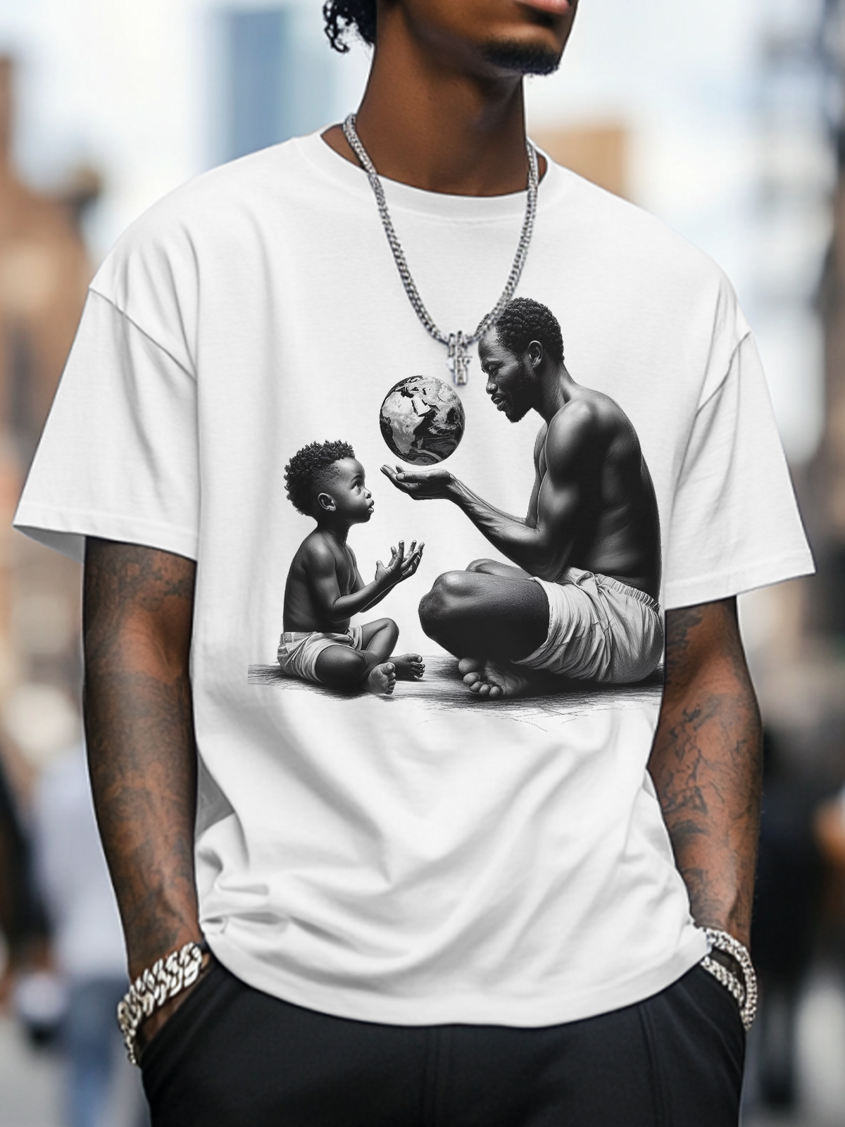 Men's Father And Son Are Looking At An African Map Ball Art Print Cotton Casual T-Shirt-Styleame