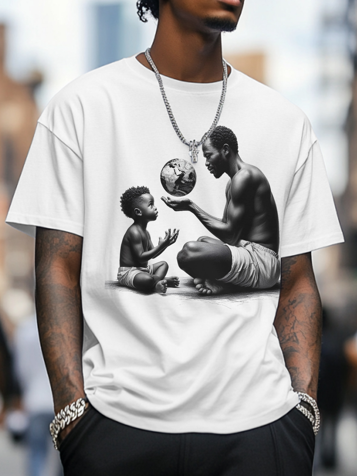 Men's Father And Son Are Looking At An African Map Ball Art Print Cotton Casual T-Shirt-Styleame