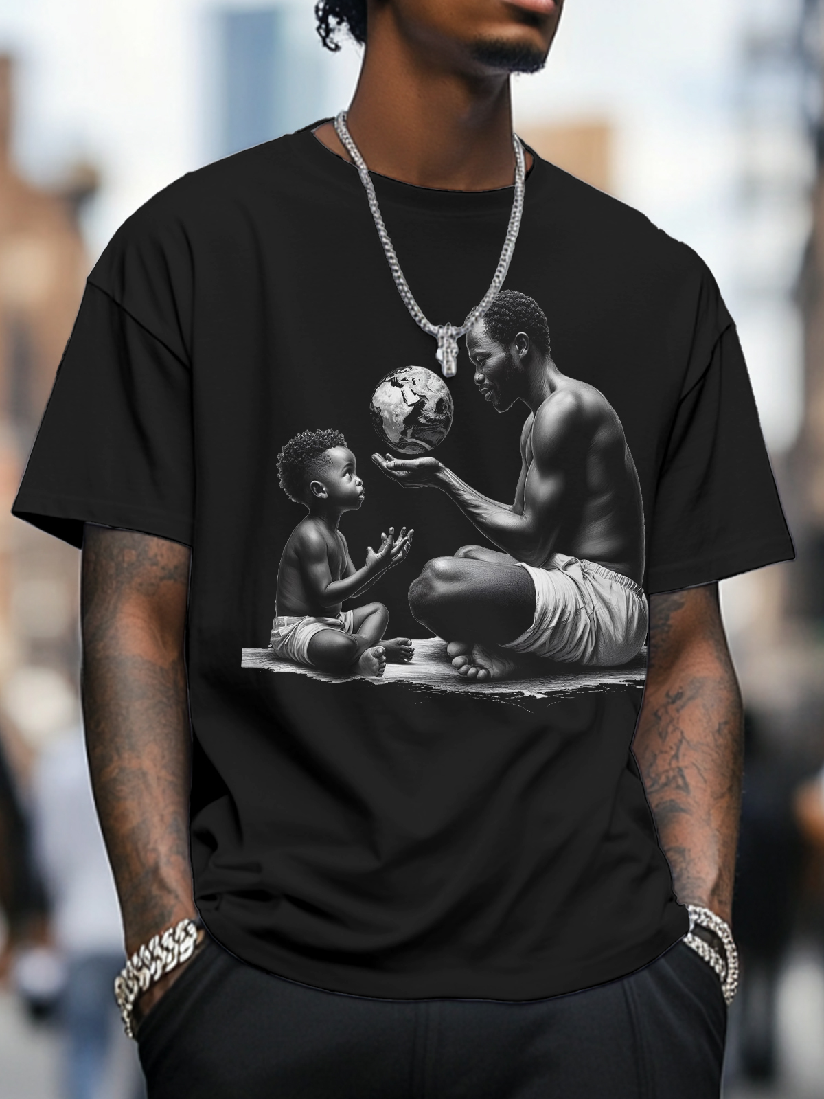 Men's Father And Son Are Looking At An African Map Ball Art Print Cotton Casual T-Shirt-Styleame