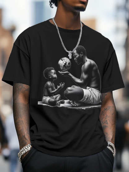 Men's Father And Son Are Looking At An African Map Ball Art Print Cotton Casual T-Shirt-Styleame