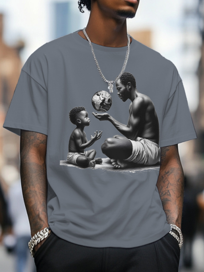 Men's Father And Son Are Looking At An African Map Ball Art Print Cotton Casual T-Shirt-Styleame