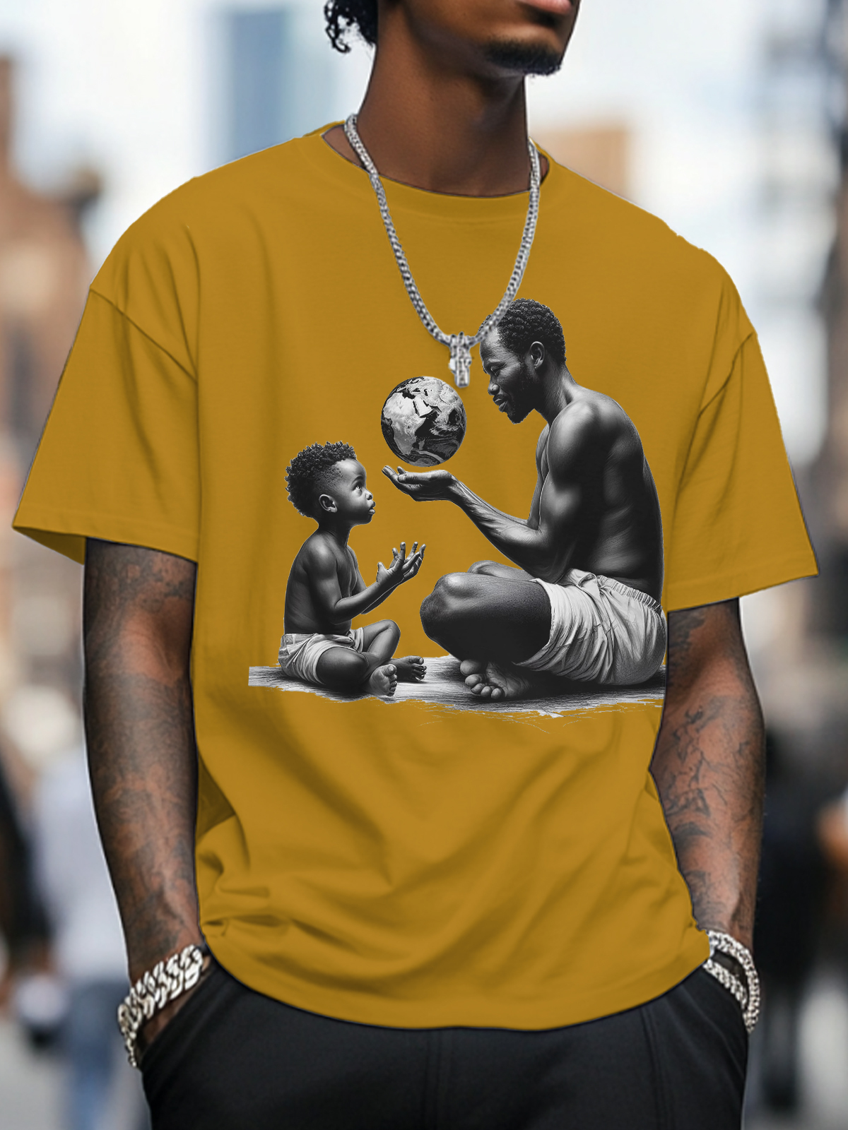 Men's Father And Son Are Looking At An African Map Ball Art Print Cotton Casual T-Shirt-Styleame