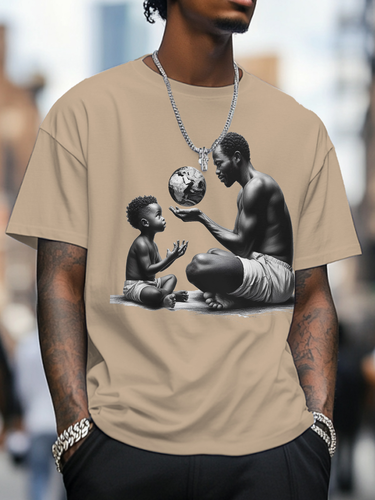 Men's Father And Son Are Looking At An African Map Ball Art Print Cotton Casual T-Shirt-Styleame