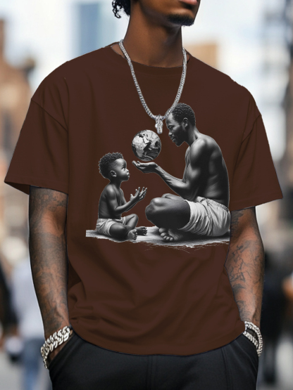Men's Father And Son Are Looking At An African Map Ball Art Print Cotton Casual T-Shirt-Styleame