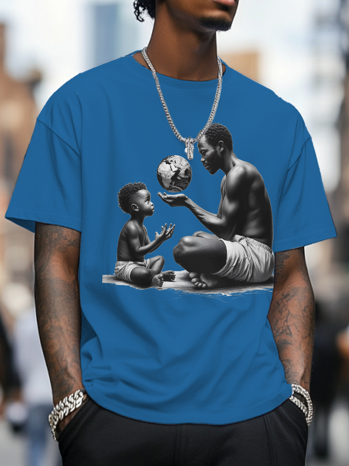 Men's Father And Son Are Looking At An African Map Ball Art Print Cotton Casual T-Shirt-Styleame