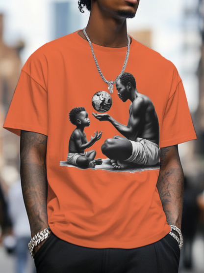 Men's Father And Son Are Looking At An African Map Ball Art Print Cotton Casual T-Shirt-Styleame