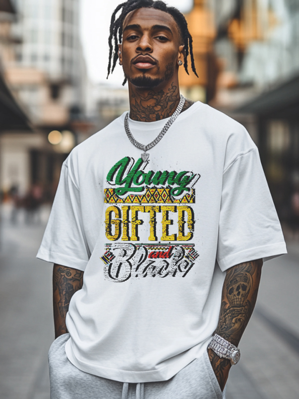 Men's Young Gifted And Black History Month Print Cotton Casual T-Shirt-Styleame