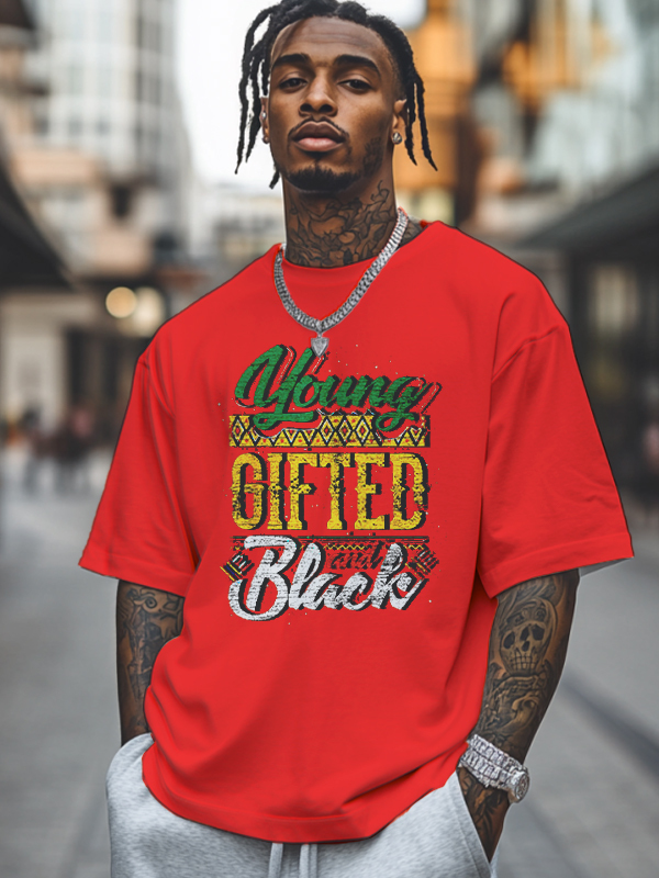 Men's Young Gifted And Black History Month Print Cotton Casual T-Shirt-Styleame