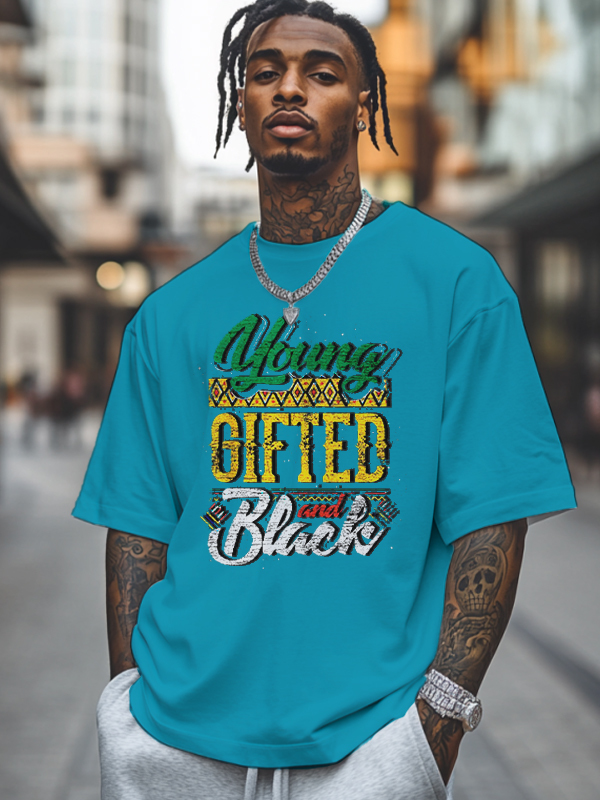 Men's Young Gifted And Black History Month Print Cotton Casual T-Shirt-Styleame