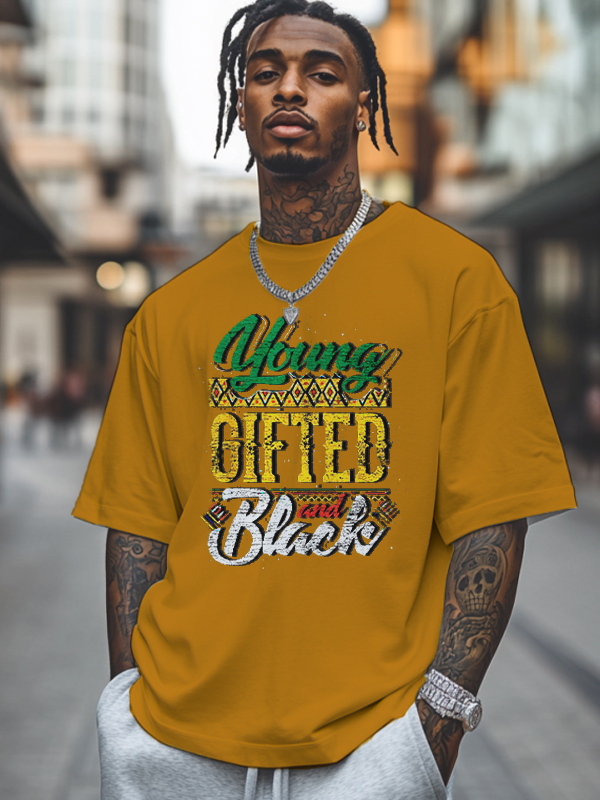 Men's Young Gifted And Black History Month Print Cotton Casual T-Shirt-Styleame