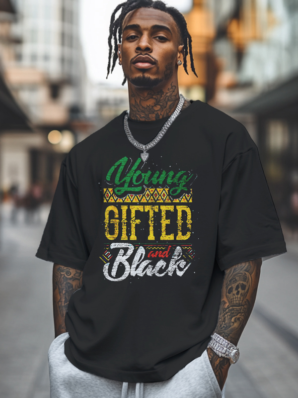 Men's Young Gifted And Black History Month Print Cotton Casual T-Shirt-Styleame