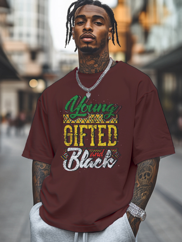 Men's Young Gifted And Black History Month Print Cotton Casual T-Shirt-Styleame