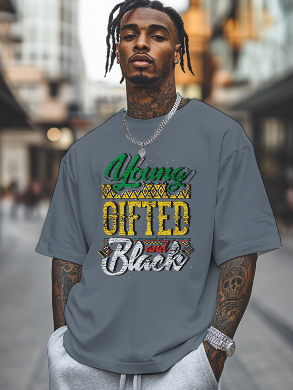 Men's Young Gifted And Black History Month Print Cotton Casual T-Shirt-Styleame