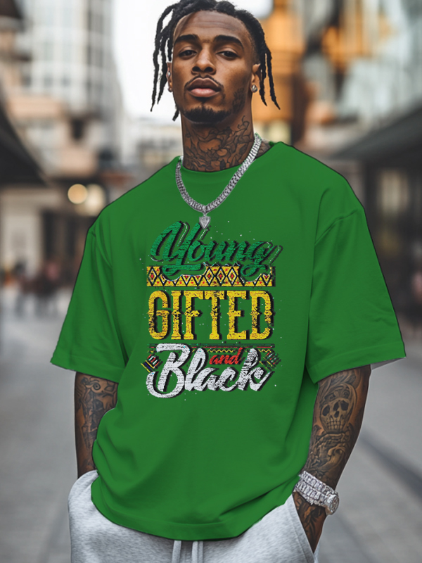 Men's Young Gifted And Black History Month Print Cotton Casual T-Shirt-Styleame
