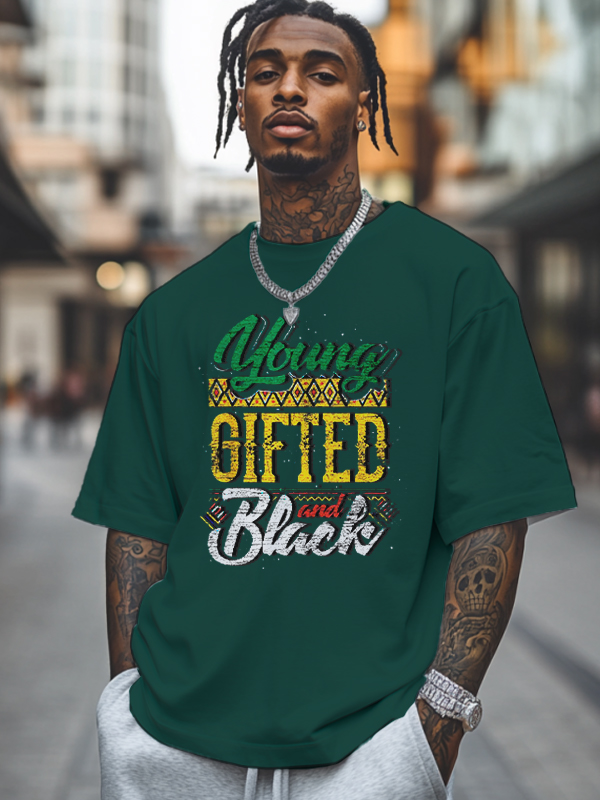 Men's Young Gifted And Black History Month Print Cotton Casual T-Shirt-Styleame