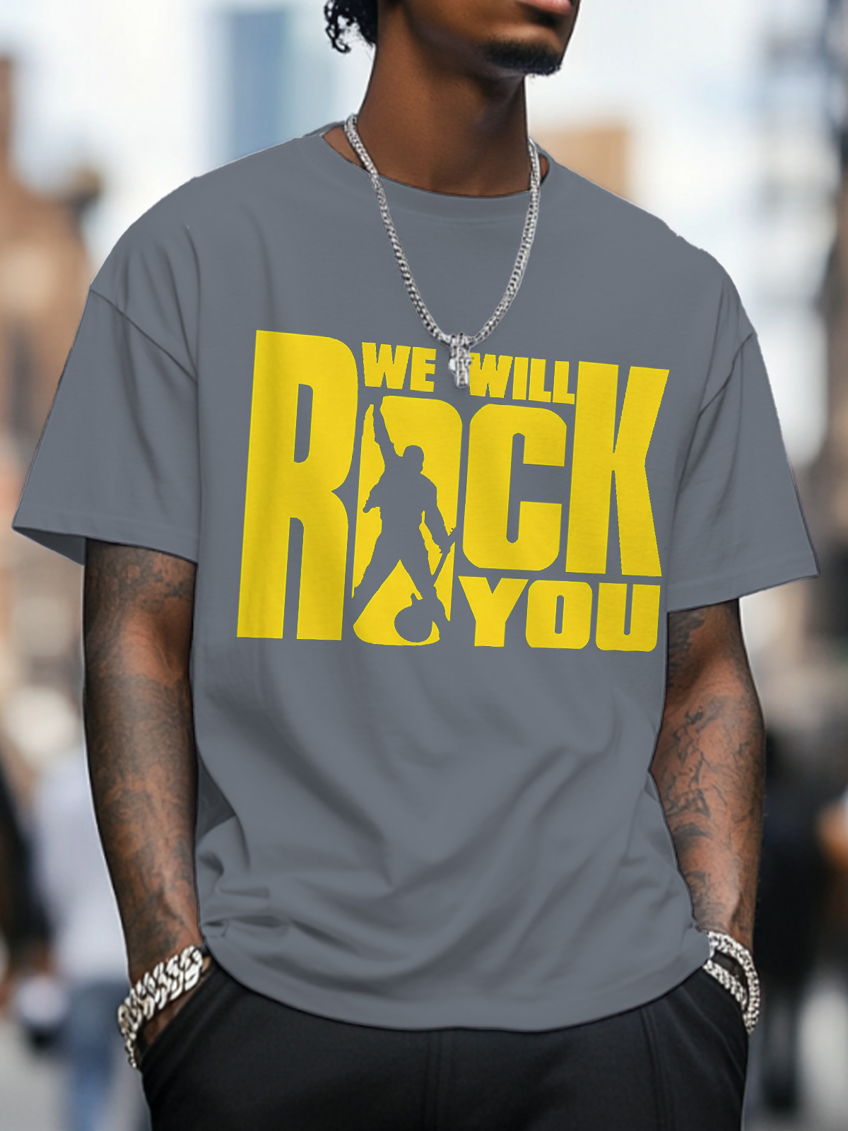 Men's We Will Rock You Print Cotton Casual T-Shirt-Styleame