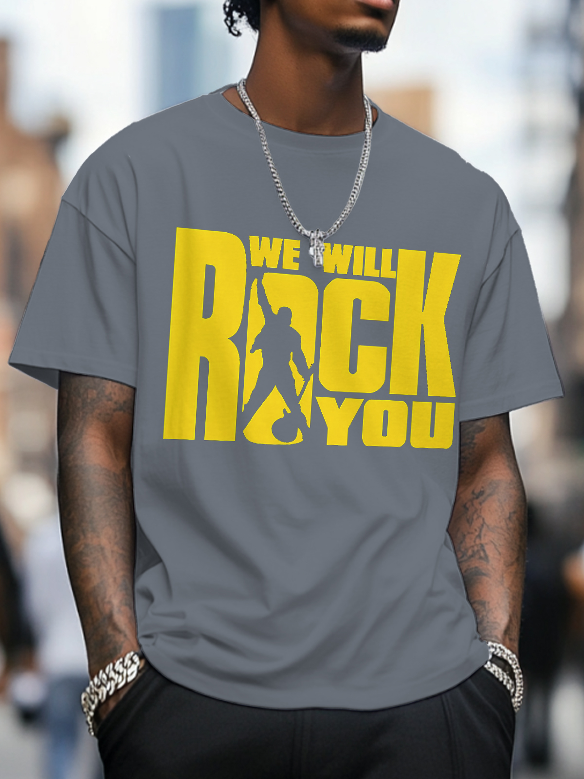Men's We Will Rock You Print Cotton Casual T-Shirt-Styleame