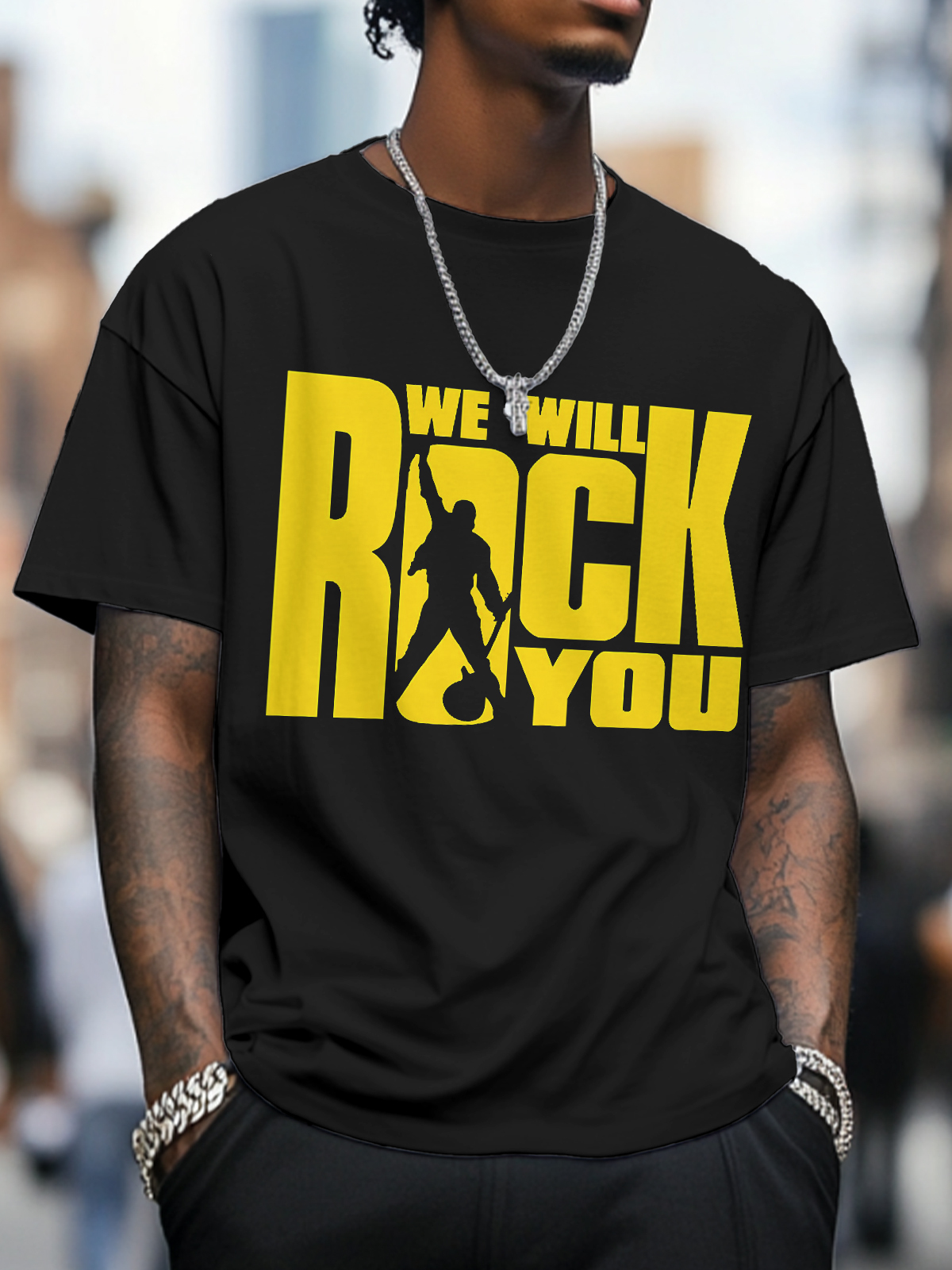 Men's We Will Rock You Print Cotton Casual T-Shirt-Styleame