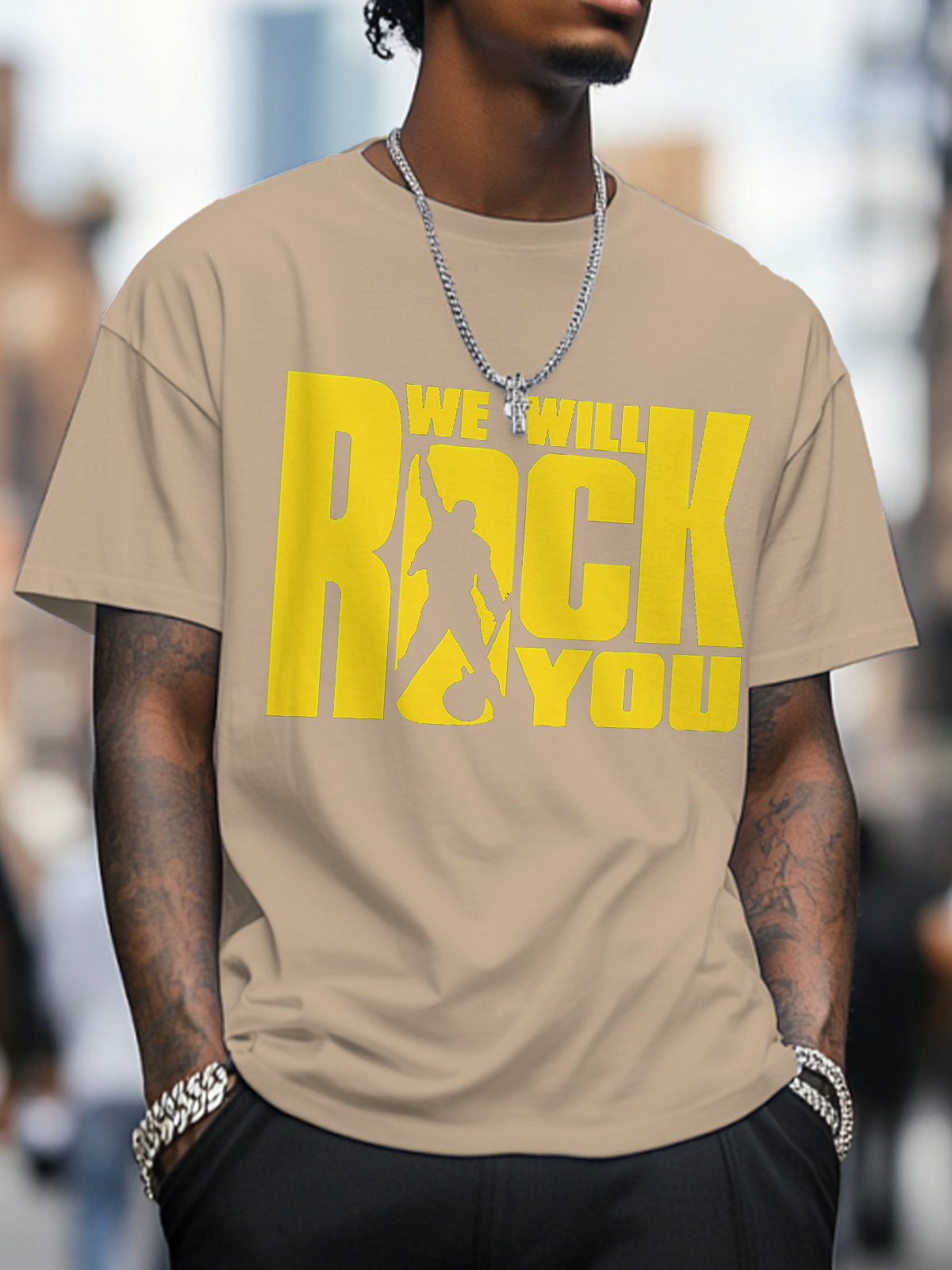 Men's We Will Rock You Print Cotton Casual T-Shirt-Styleame