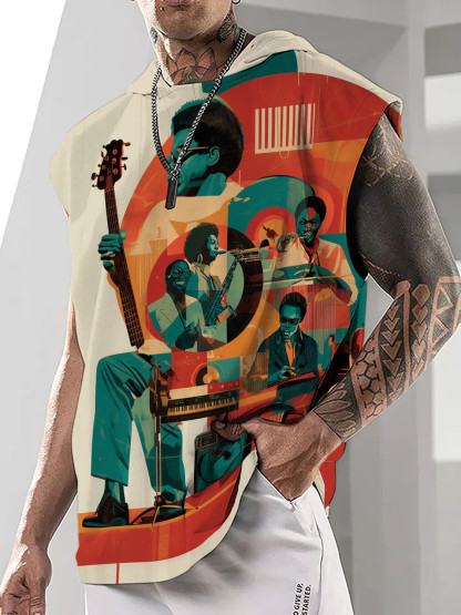 Men's Funk Soul Jazz Abstract Art Print Workout Hooded Tank Top-Styleame