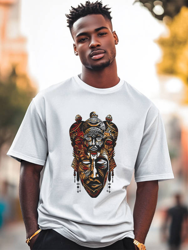 Men's Vintage Tribal Mask Graphic Print Cotton Casual T-Shirt-Styleame
