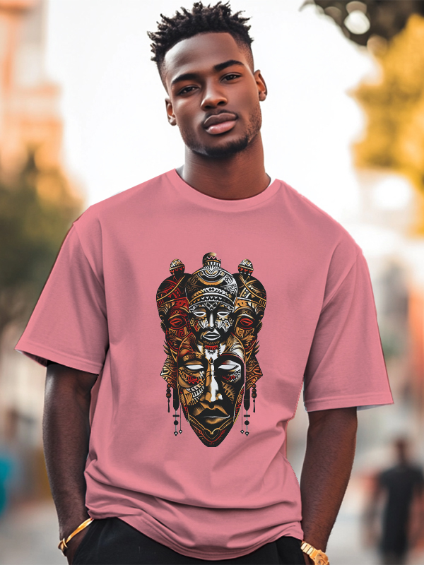 Men's Vintage Tribal Mask Graphic Print Cotton Casual T-Shirt-Styleame