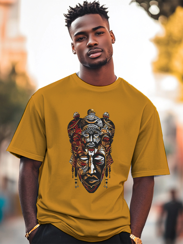 Men's Vintage Tribal Mask Graphic Print Cotton Casual T-Shirt-Styleame