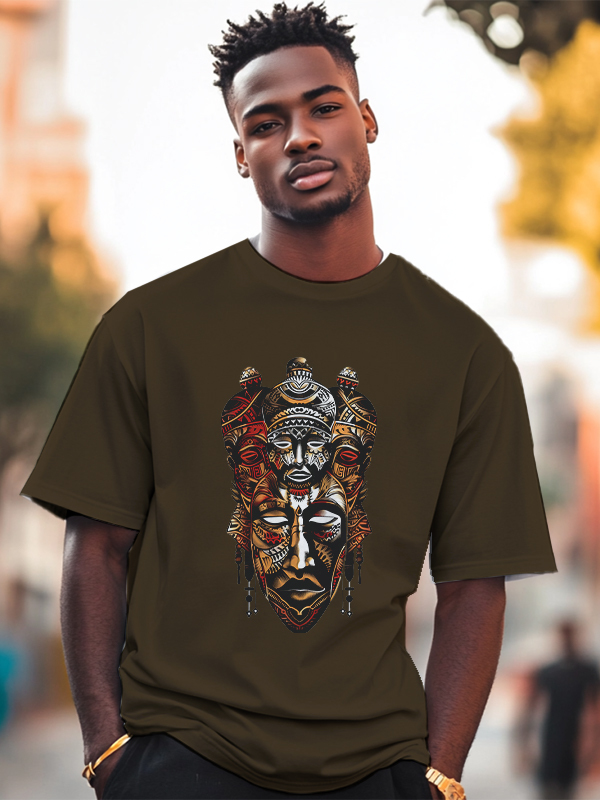 Men's Vintage Tribal Mask Graphic Print Cotton Casual T-Shirt-Styleame