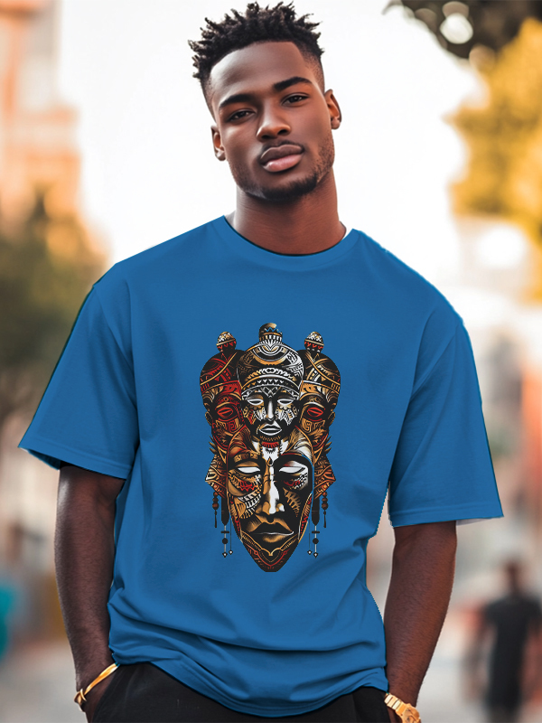 Men's Vintage Tribal Mask Graphic Print Cotton Casual T-Shirt-Styleame