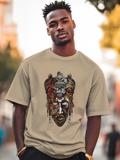 Men's Vintage Tribal Mask Graphic Print Cotton Casual T-Shirt-Styleame