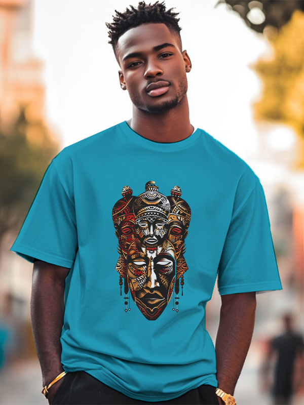 Men's Vintage Tribal Mask Graphic Print Cotton Casual T-Shirt-Styleame
