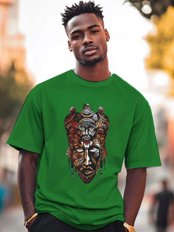 Men's Vintage Tribal Mask Graphic Print Cotton Casual T-Shirt-Styleame
