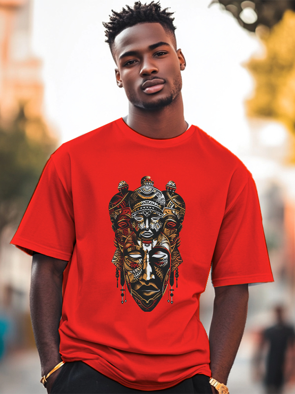 Men's Vintage Tribal Mask Graphic Print Cotton Casual T-Shirt-Styleame