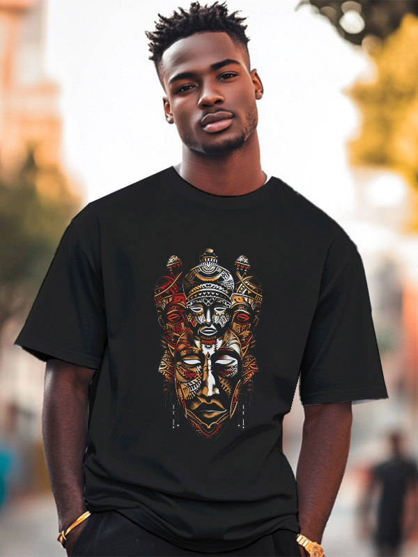 Men's Vintage Tribal Mask Graphic Print Cotton Casual T-Shirt-Styleame