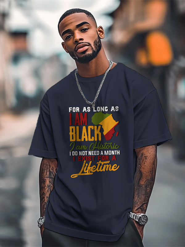 Men's Black History Month Slogan Print Cotton Casual T-Shirt-Styleame