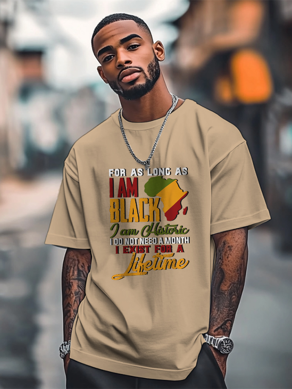 Men's Black History Month Slogan Print Cotton Casual T-Shirt-Styleame