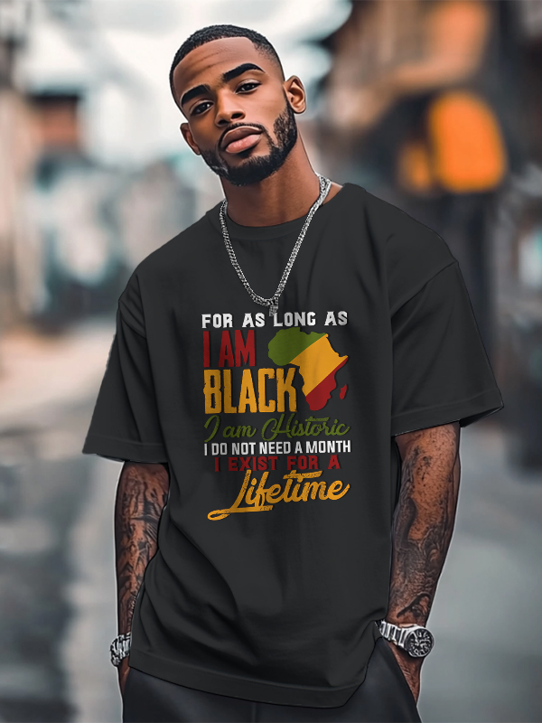 Men's Black History Month Slogan Print Cotton Casual T-Shirt-Styleame