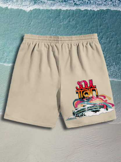 Men's Soul Train Music Print Casual Cotton Shorts-Styleame