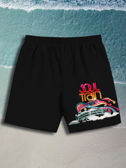 Men's Soul Train Music Print Casual Cotton Shorts-Styleame