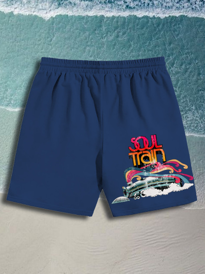 Men's Soul Train Music Print Casual Cotton Shorts-Styleame