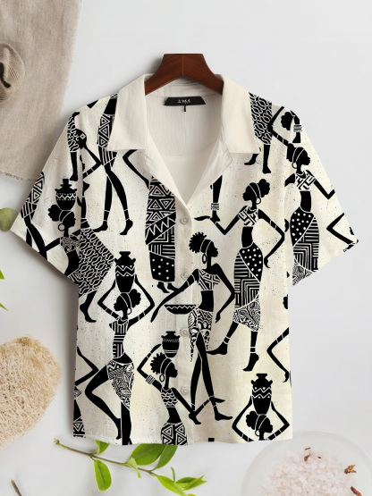 Women's Traditional African Female Pattern Print Short Sleeve Shirt-Styleame