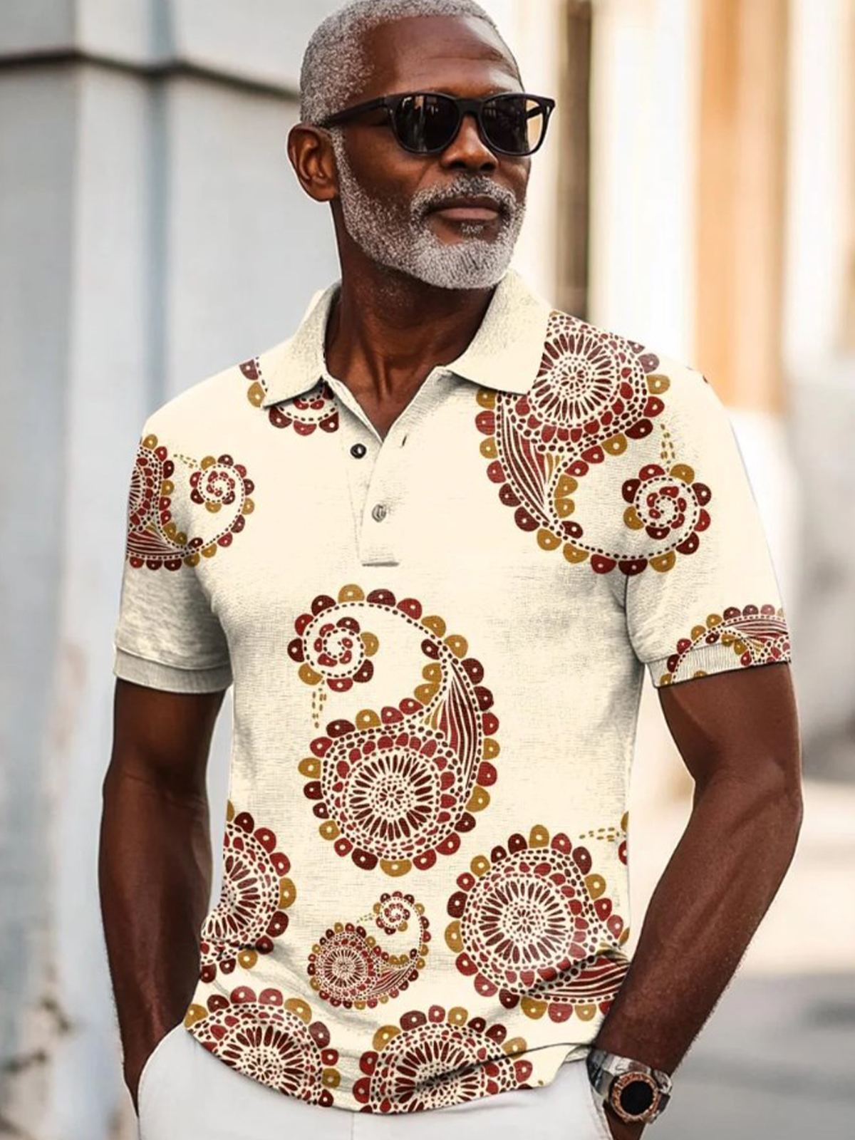 Men's Retro Paisley Print Casual Polo Shirt-Styleame