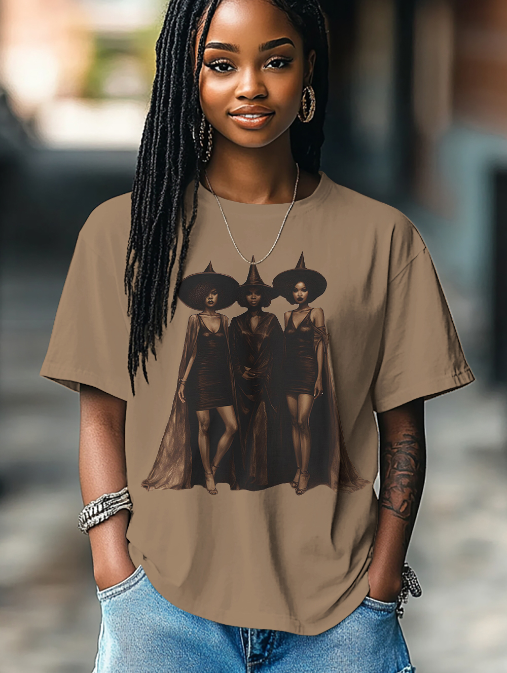 Women's Three Black Witches Print Cotton Casual T-Shirt-Styleame