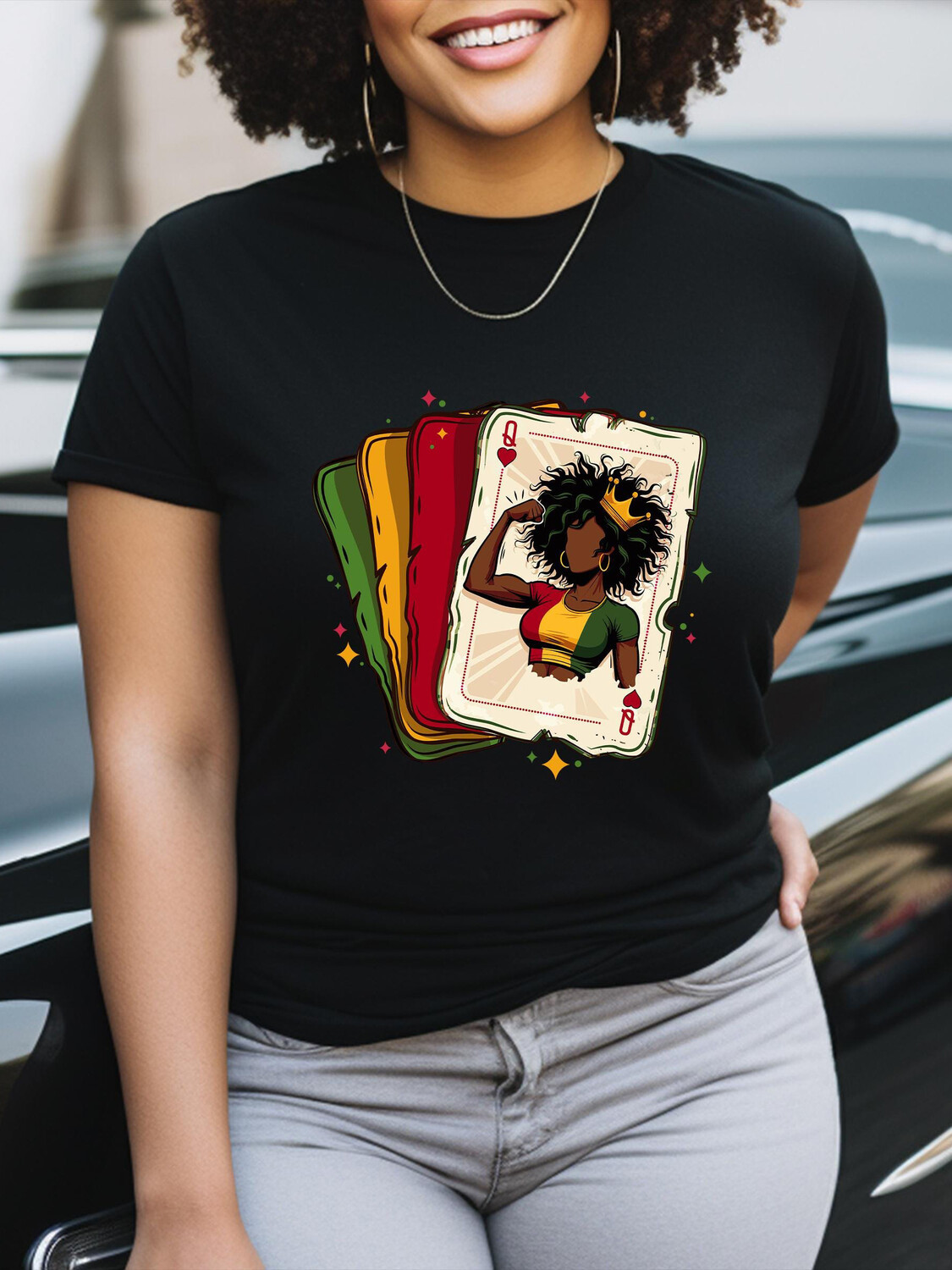 Women's Playing Cards Black Queen Print Cotton Casual T-Shirt-Styleame