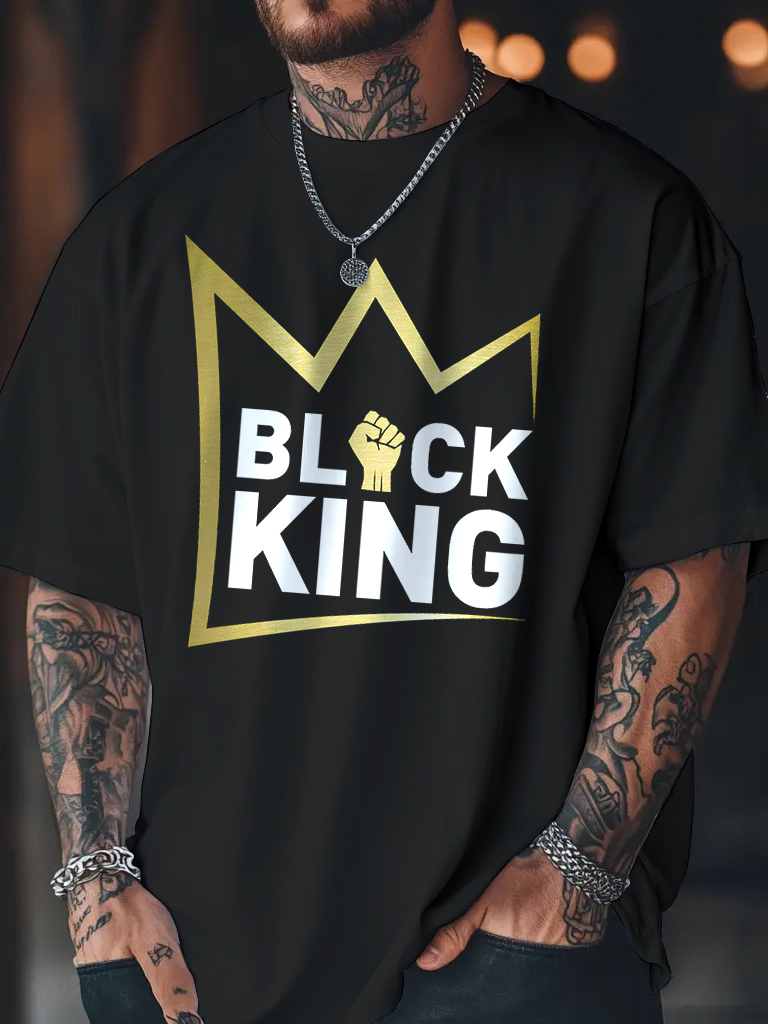 Men's Black King Crown Print Cotton Casual T-Shirt-Styleame