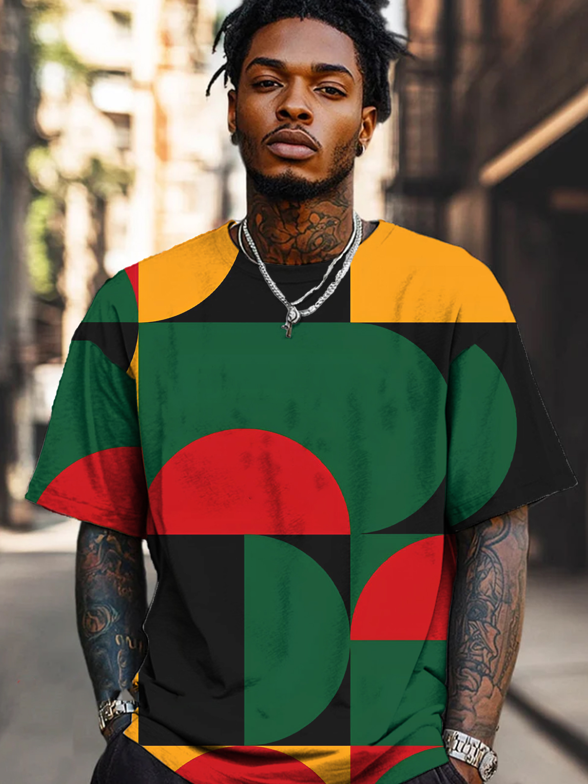 Men's Color Block Geometric Art Print T-Shirt-Styleame