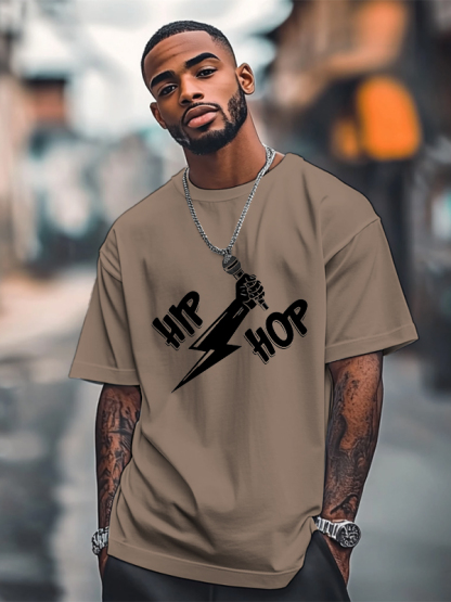 Men's Hip Hop Lightning Microphone Graphic Print Cotton Casual T-Shirt-Styleame