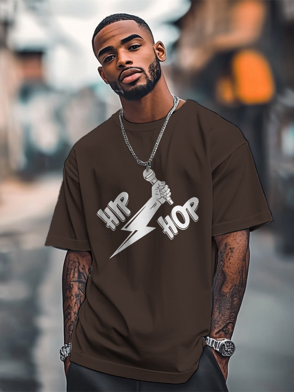 Men's Hip Hop Lightning Microphone Graphic Print Cotton Casual T-Shirt-Styleame