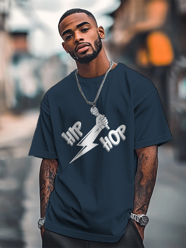 Men's Hip Hop Lightning Microphone Graphic Print Cotton Casual T-Shirt-Styleame